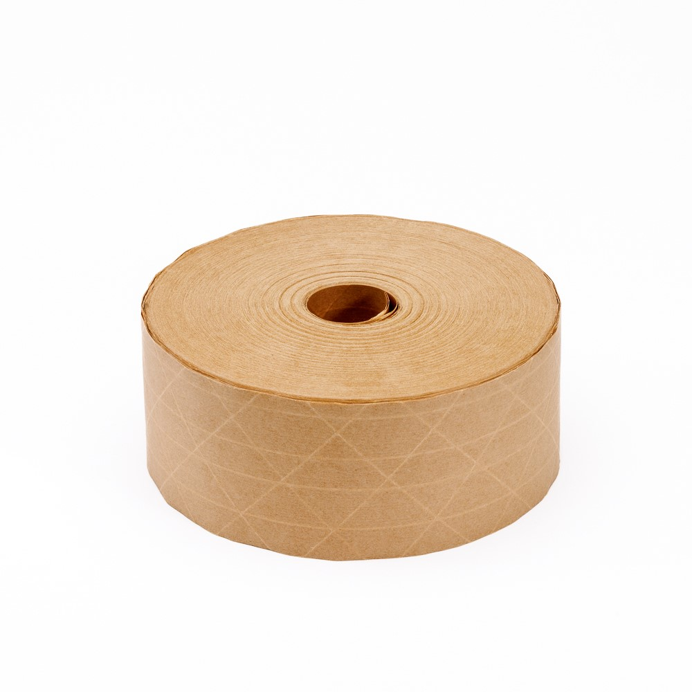 Brown TUFflex® tape roll with criss-cross pattern, laid horizontally with core pointing upwards TUFflex® 73.1-lbs Natural Reinforced Carton Sealing Tape Roll (70 mm. x 500 ft., 6 Rolls/Case)